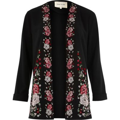 Black floral embroidered duster coat